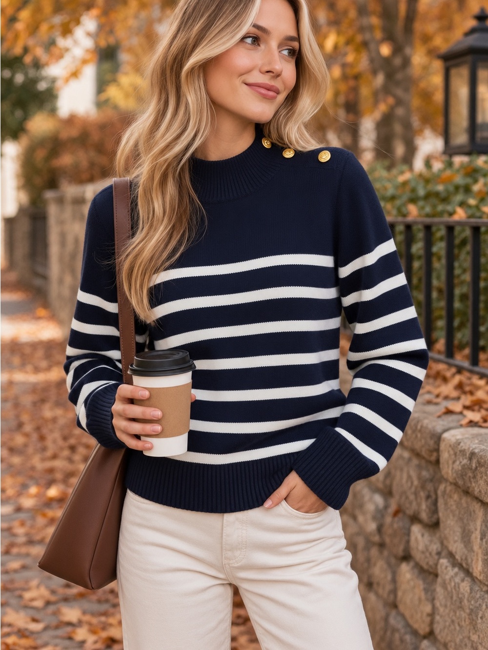 Striped Navy and White Button-Shoulder Crewneck Sweater